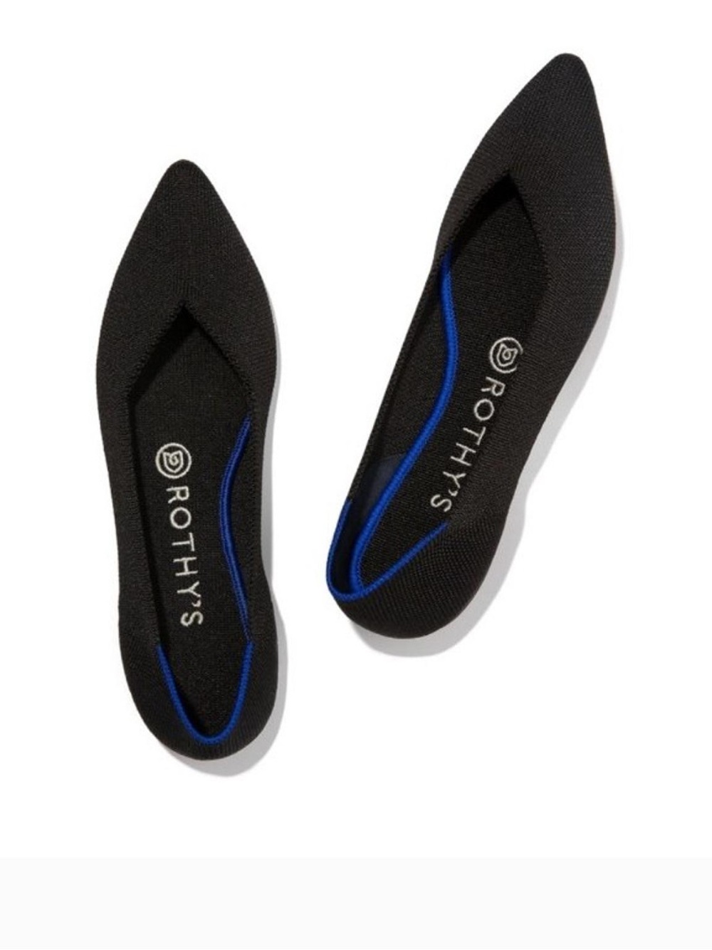 Rothy's Black Pointed-Toe Knit Flats with Blue Trim